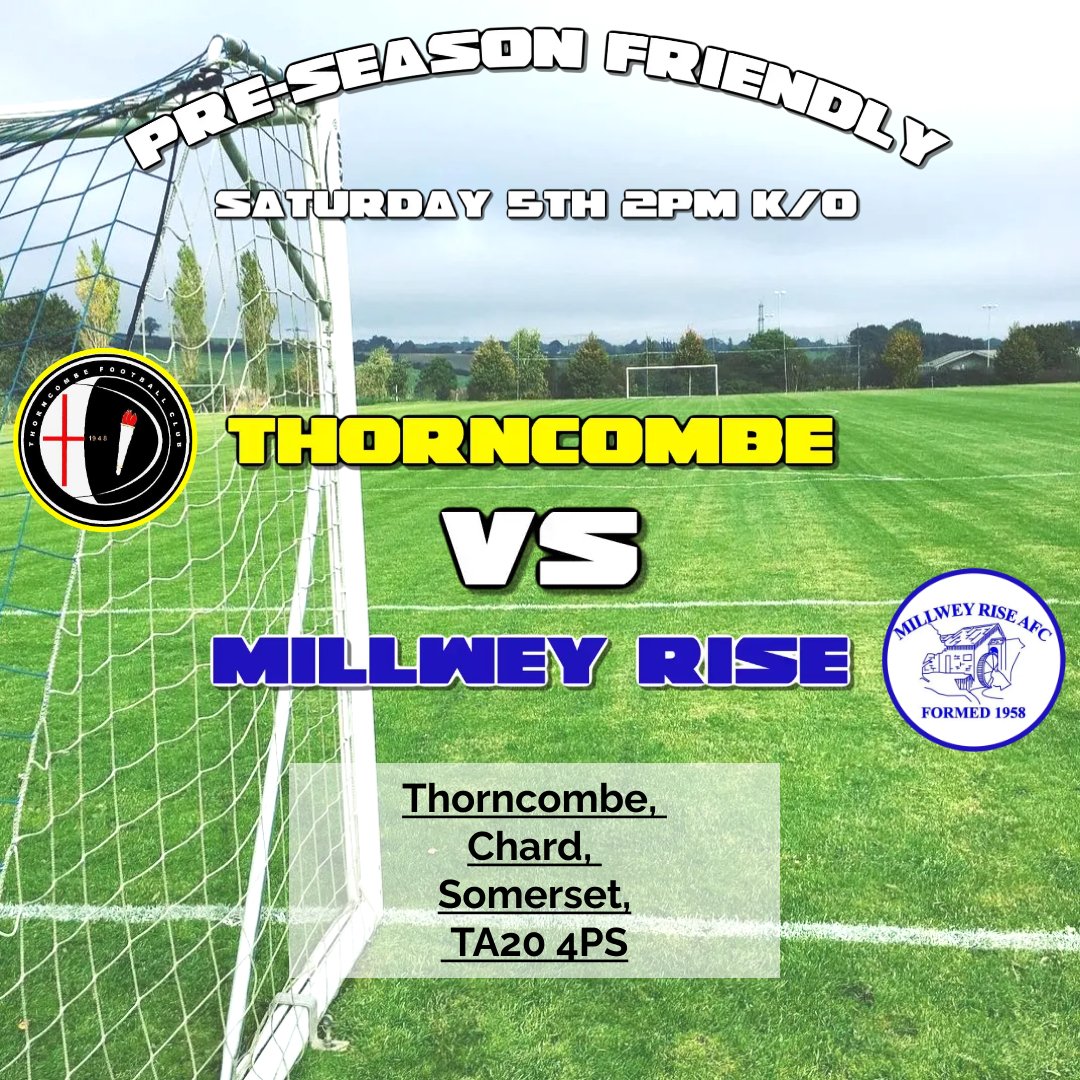 MillweyRiseAFC's tweet photo. Changes to this weekends fixtures.
There is no longer a double header at home as Tor FC couldn't raise a side so now the 1st team travel to Thorncombe for a 2pm kick-off which sees the 2nd teams kick-off moved to 2pm at home. https://t.co/wndAScRsI5