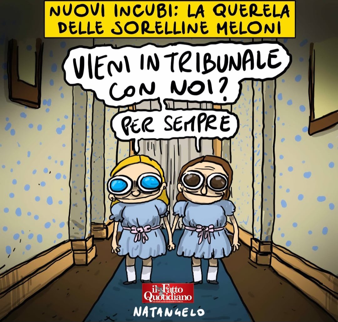 ALEREUQ - la mia vignetta per Il Fatto Quotidiano oggi in edicola! 

#shining #meloni #arianna #sostituzioneetnica #lollobrigida #querela <a href="/fattoquotidiano/">Il Fatto Quotidiano</a> #vignetta #fumetto #memeitaliani #umorismo #satira #humor #natangelo