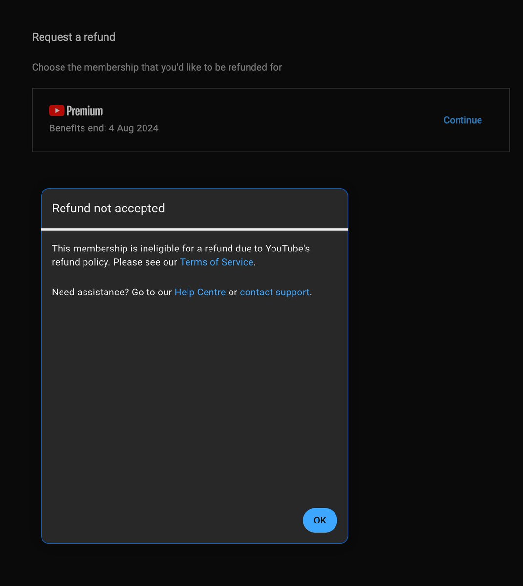 Rushabhdangore's tweet photo. @TeamYouTube Even tried visiting https://t.co/RLfpvHRGJf where I get this error message. I have already been through the Terms of Service and it does not mention any eligibility criteria for refund or cancellation. https://t.co/chY7hvzTco
