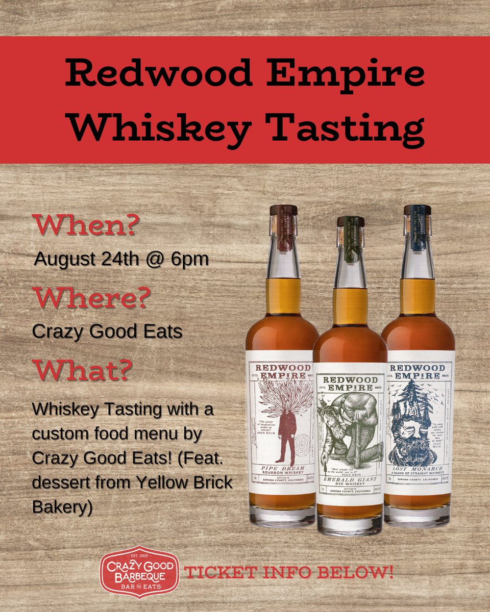 crazygoodeats's tweet photo. Join us on August 24th at 6pm for our Redwood Empire Whiskey Tasting event. We will feature a custom menu with dessert from Yellow Brick Bakery!

You can grab your tickets using our website link.

#whiskeybarkc #kansascitymo #supportlocalkc #eatkc #kcbbq #kansascitybbq https://t.co/XuHlIwbVHV