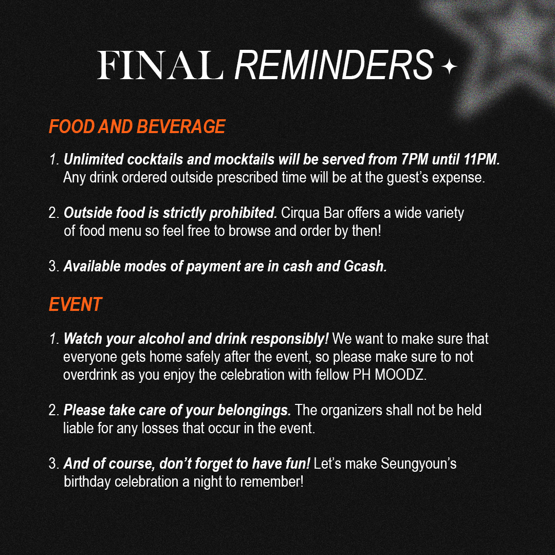 WOODZBDAY_MNL's tweet photo. 1 day to go before #inthemoodforWOODZ!!!🍹

But before we celebrate our rockstar Cho Seungyoun's day, here are some final reminders to keep in mind for tomorrow's event 📢

We can't wait to see you, PH Moodz. We hope everyone can enjoy and drink responsibly 🤩🥳

#WOODZBDAY_MNL https://t.co/ky9eScGp8a