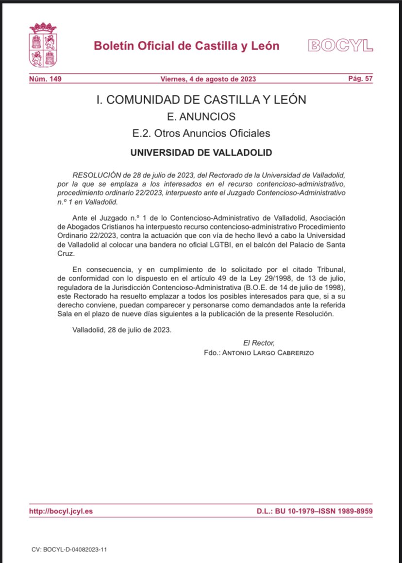 rocioanguita's tweet photo. Los #abogadoscristianos haciendo perder el tiempo y el dinero de los contribuyentes con contenciosos administrativos. Esta vez a la @UVa_es por la bandera #LGBTIQ en el balcón de Santa Cruz. La Universidad es un espacio de libertad y tolerancia 🏳️‍🌈🏳️‍⚧️ https://t.co/iPlbRWv3bu