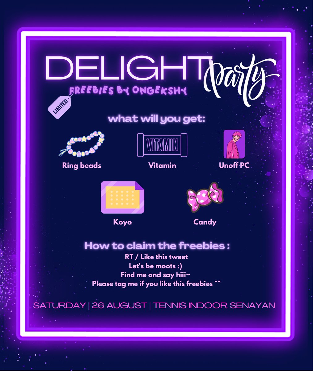 ongekshy's tweet photo. Help RT 💜
Freebies DElight Party in Jakarta 🕺🏻
by ongekshy

📍Tennis Indoor Senayan
🗓 26 Agustus 2023
🕰 tba
📝 cek di poster 💞

Bakal share sneak peek ditweet ini😆. SEE YOU GUYS😚

#DElightParty #DElightPartyJKT @SJ_DnE_official @SJofficial https://t.co/2KX2BM4W1G