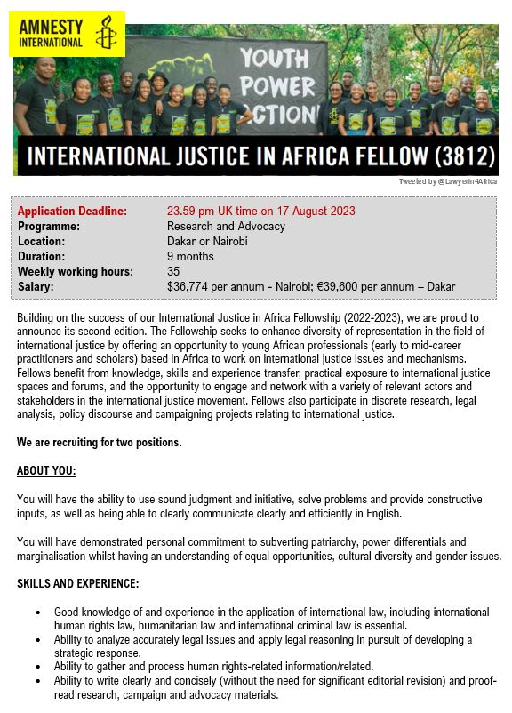 International Justice in Africa Fellowship Deadline: Aug 17 careers.amnesty.org/vacancy/intern…