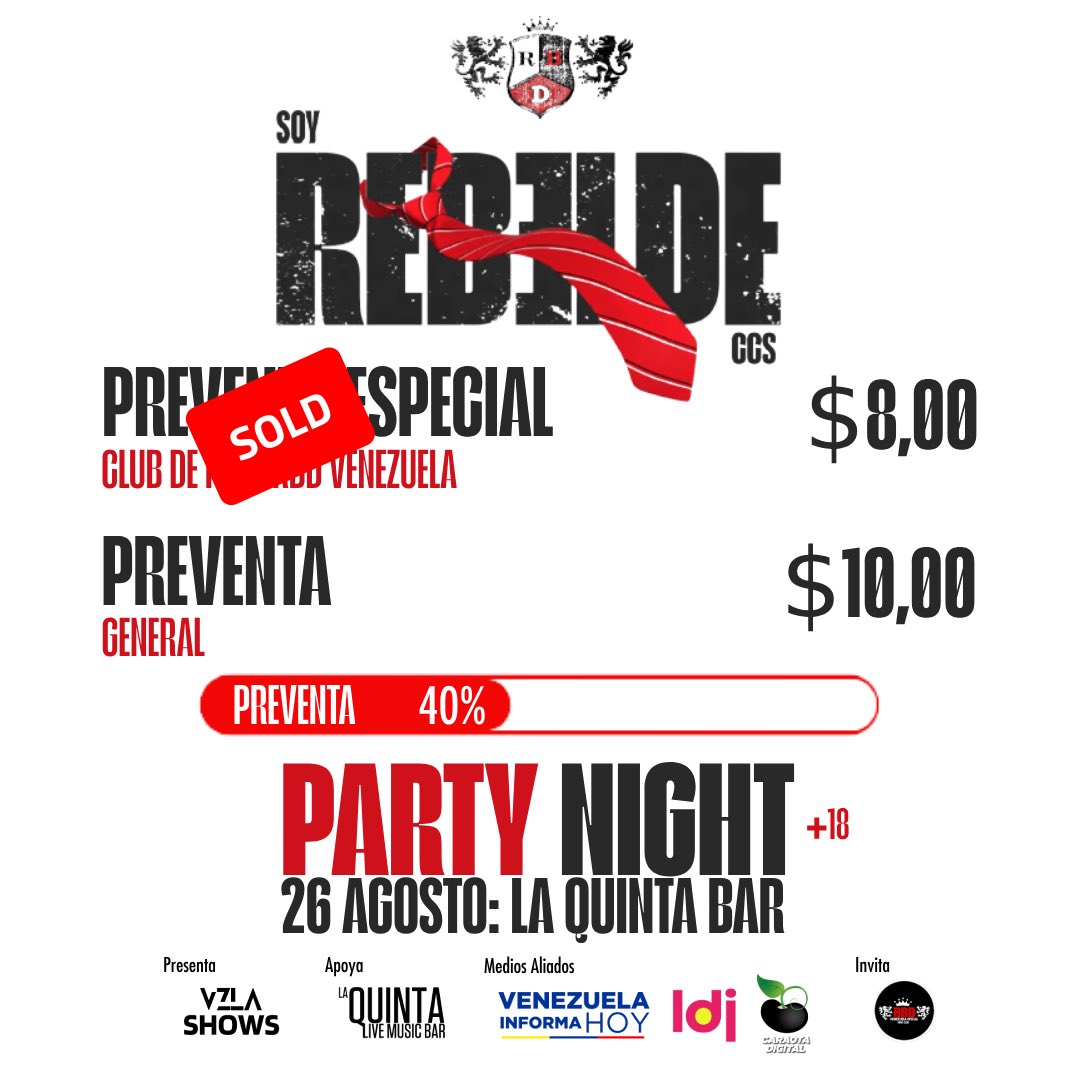 🔴 ¿Eres fan de RBD? 🔴

¡Entonces no te puedes perder SOY REBELDE PARTY NIGHT CCS! 

El próximo #26Agos en <a href="/laQuintabart/">La Quinta Bar Live Music Bar</a>, será una noche donde podrás disfrutar de las canciones más populares de RBD, como "Rebelde", "Sálvame", "Un Poco de Tu Amor" y muchas más.