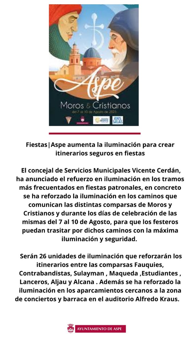 Seguridad | Aspe aumenta la iluminación para crear itinerarios seguros en fiestas