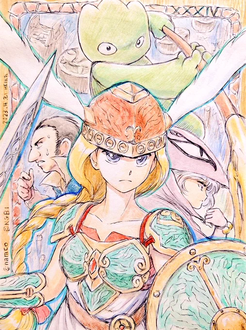 冨士宏先生新規描き下ろしイラスト降臨を記念して「ワルキューレの伝説」稼働記念日に描かせていただいたワルキューレ様達を再掲。左は線画(ボールペン)、右は彩色(水彩+色鉛筆)完成品です。 #ワルキューレ #namco