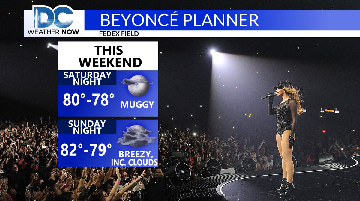 The countdown is on! This weekend, the #Beyhive🐝is getting into formation at @FedExField.  Temps won't break your soul, but it will be muggy as <a href="/Beyonce/">BEYONCÉ</a> takes the stage both evenings. Sunday night's show will be a bit more breezy with increasing clouds. #RENAISSANCEWorldTour 🪩