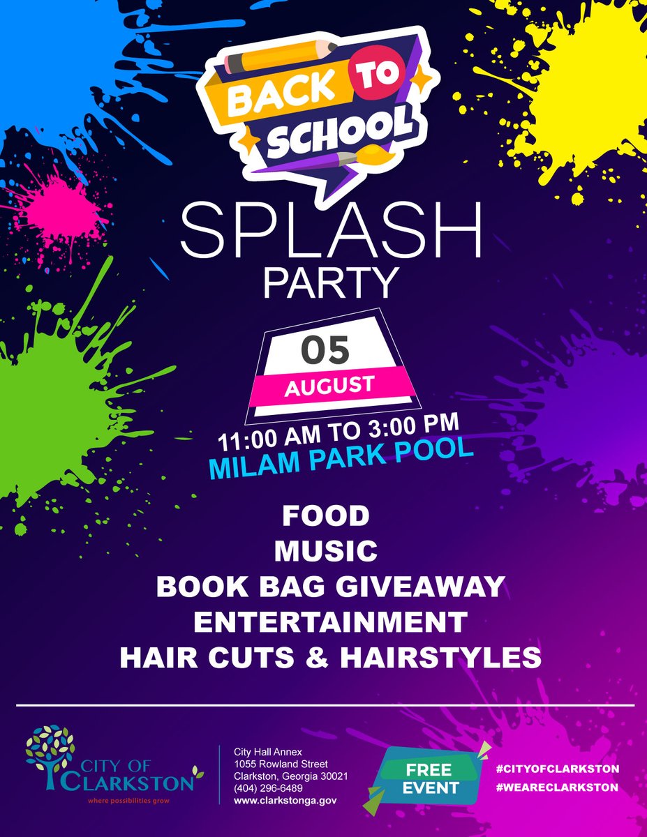ClarkstonPD's tweet photo. We hope to see you TOMORROW!

Don't miss the excitement at our Back to School Splash Party tomorrow, August 5th, 11AM-3PM, at Milam Park Pool! 

#BackToSchoolBash #SummerSplash #CommunityEvent #CityofClarkston https://t.co/nKzAGIeQ7S