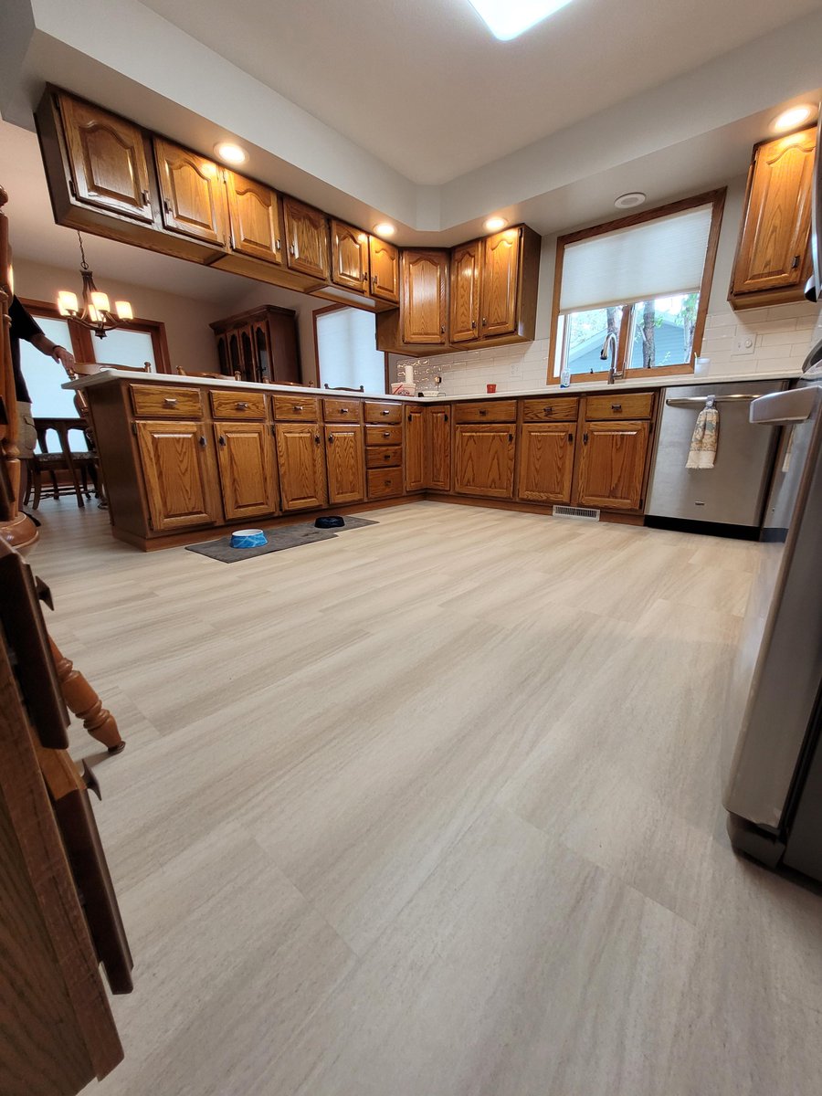A lot of people like to do a stone look in their kitchens, so as to not have too much wood on wood. We installed this Novalis Lyndon Plus *Albany Sandstone* in a kitchen in Jamestown, ND. #flooring #newflooring #floors #lvtflooring #jamestownnd #NorthDakota #flooringideas