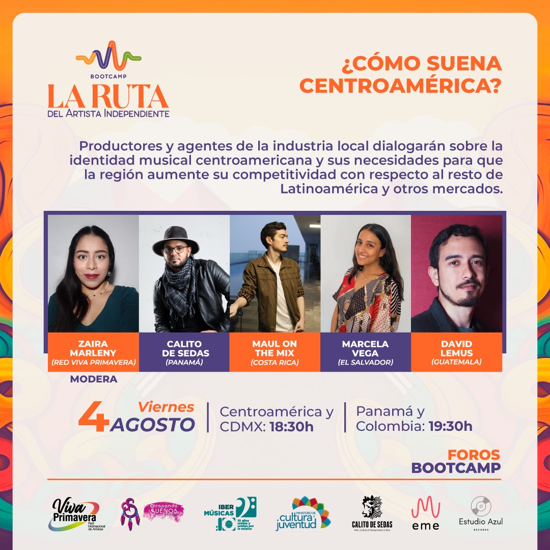 🚨 FORO: ¿CÓMO SUENA CENTROAMÉRICA? 🚨
🗓 Agenda para este viernes 4 de agosto
⏲ Hora: 18:30 hrs Centroamérica y México / 19:30 hrs Colombia y Panamá.
📲 Dónde: Facebook y YouTube LIVE de Red Viva Primavera.
Más info en atrapandosuenos.com 
Gracias a <a href="/Ibermusicas/">IBERMÚSICAS</a> <a href="/MCJ_CR/">Ministerio de Cultura y Juventud</a>