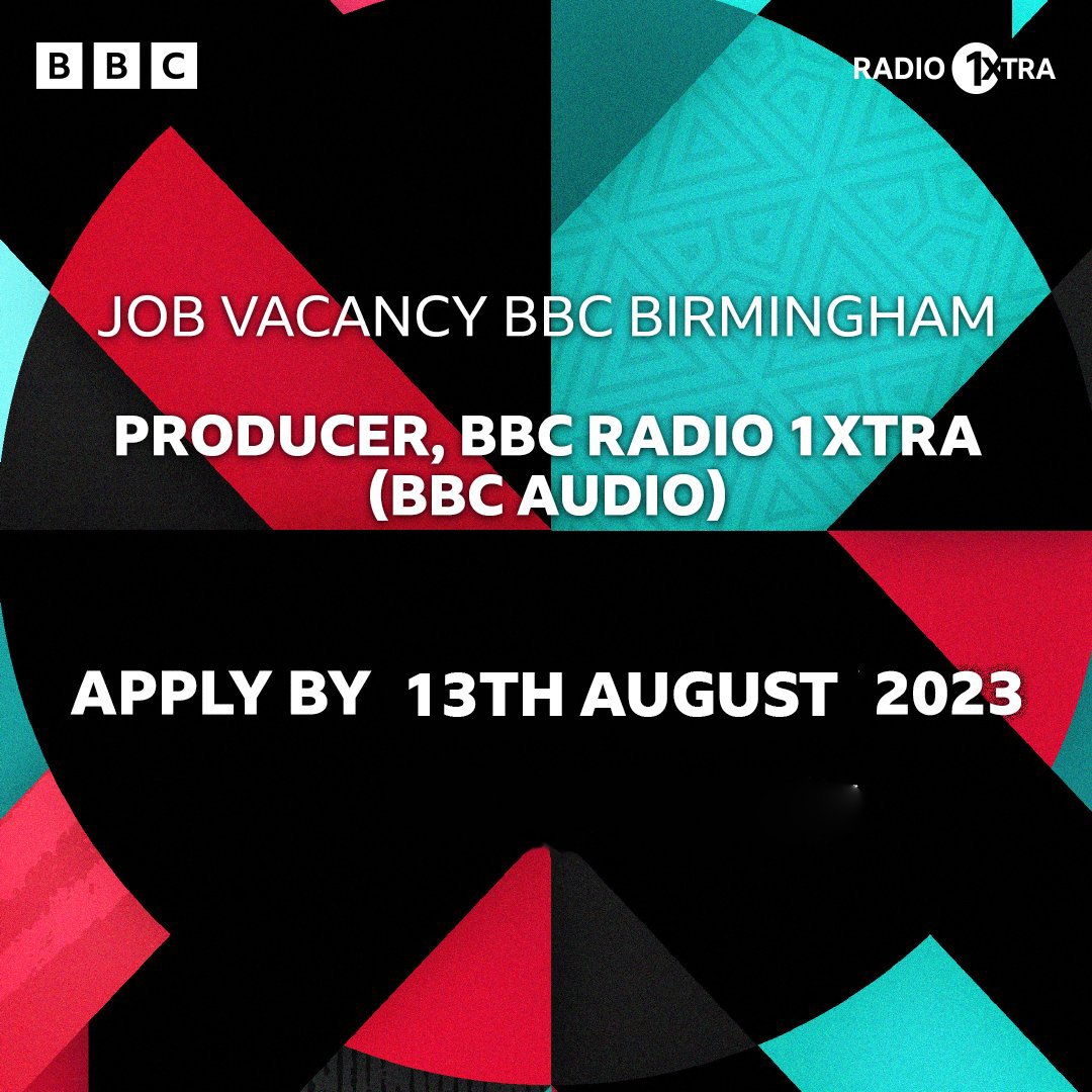 🚨 Job alert 🚨

📷 We are looking for a Producer based in Birmingham who shares our love of radio to work on 1Xtra. 

If you love amplifying black music, youth culture and radio - then we want to hear from you! 

Apply by 13th August: careers.bbc.co.uk/job-invite/577…