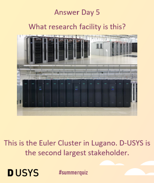 usys_ethzh's tweet photo. The answer for the last day of our #summerquiz about #usysscience is: The Euler Cluster in Lugano.
D-USYS is the second largerst stakeholder of the computing facility. Learn more about it below 👇
https://t.co/7Fi5rhCh7x
Thank you all for playing! ☀️ https://t.co/nkS4A7qLmt