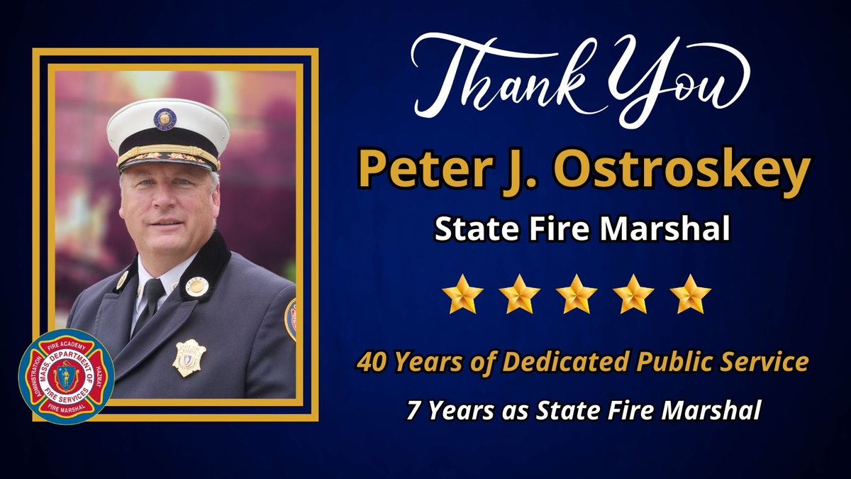 EOPSS's tweet photo. On this, his last day of service, we congratulate State Fire Marshal Peter Ostroskey on his retirement! We are deeply grateful to Marshal Ostroskey for his remarkable life of service, exceptional leadership, and significant contributions to public safety and fire services. https://t.co/RIaUGxTC32