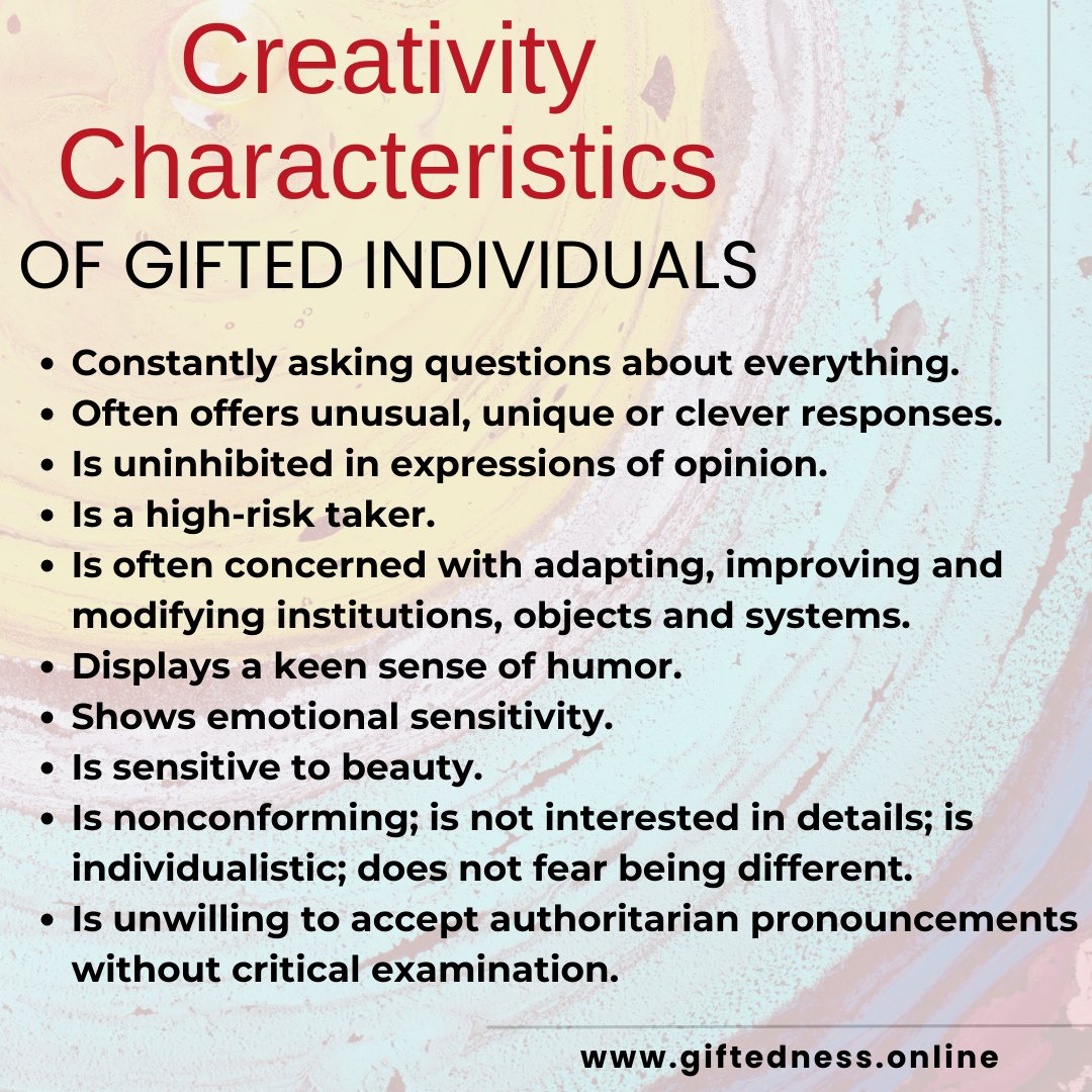 infogiftedness's tweet photo. According the MENSA Gifted Youth Handbook, these are the creativity characteristics of gifted youth. 

#gifted #giftedness #giftededucation #giftedandtalented #mensa #highiq #giftedchildren #smart #kids #creativity https://t.co/74EvmibyW8