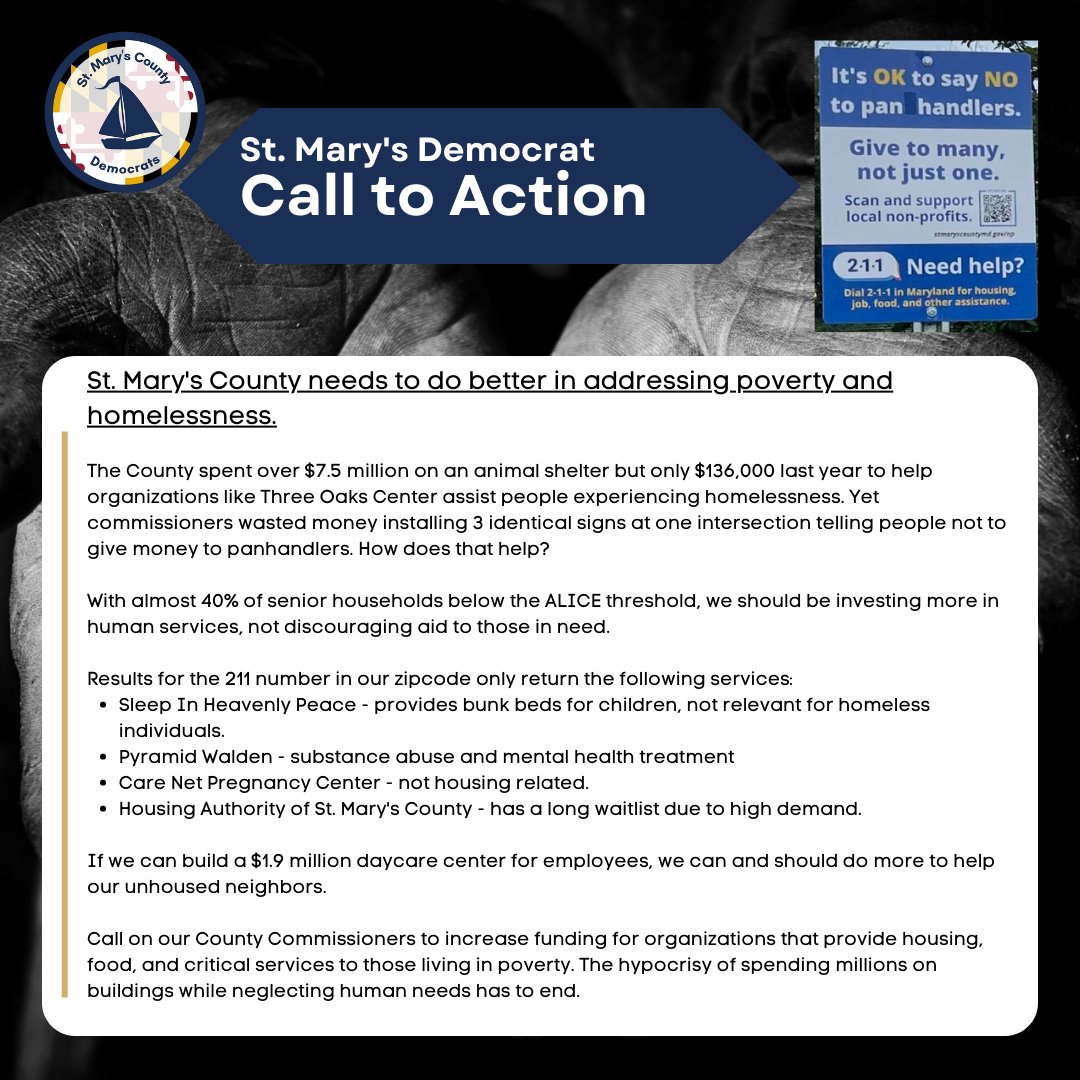 StMarys_Dems's tweet image. Call on our County Commissioners to increase funding for organizations that provide housing, food, and critical services to those living in poverty.  #endhomelessness #housingfirst #PeopleOverProjects #stmaryscounty