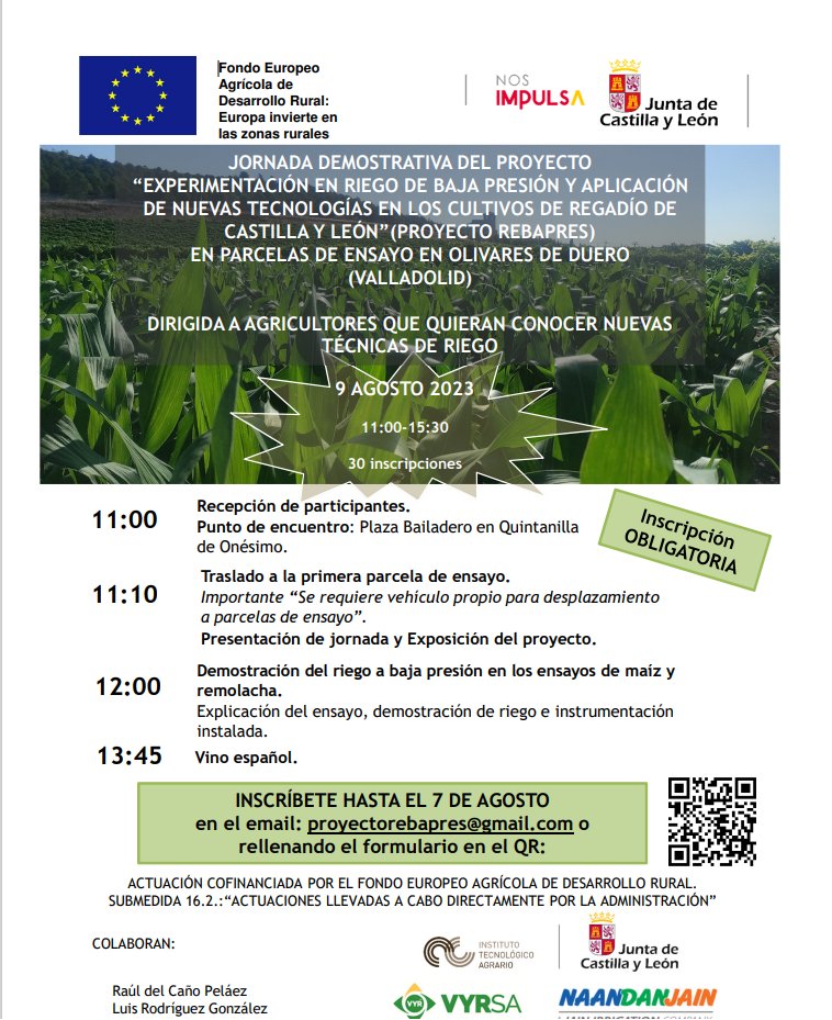 ITACYL's tweet photo. 3ª jornada divulgativa del proyecto "Experimentación en riego de baja presión y aplicación de nuevas tecnologías en los cultivos de #regadío de CyL #REBAPRES #FEADER #ITACyL
📅9 agosto
📍 Olivares de Duero (Va)
✍https://t.co/SlvqyXiUqF https://t.co/jNZnj4JuAH