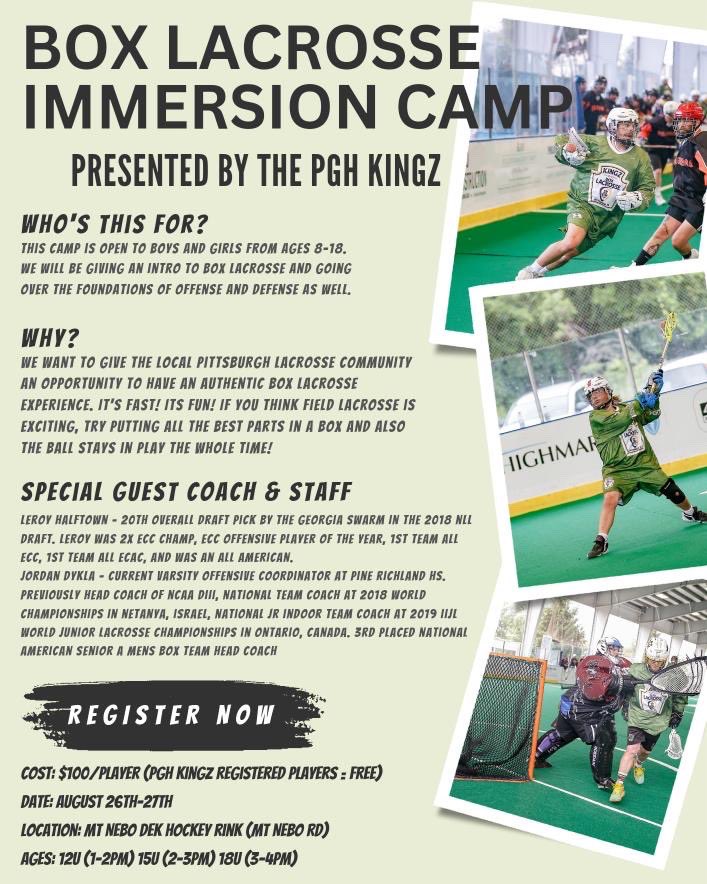 PghLaxSource's tweet photo. The Pittsburgh Kingz are continuing their campaign in growing the box game. Here is more information on the immersion camp and the Sunday house league. 

Questions please contact @CoachDykla or @PghKingz. https://t.co/koy6DkyFEM