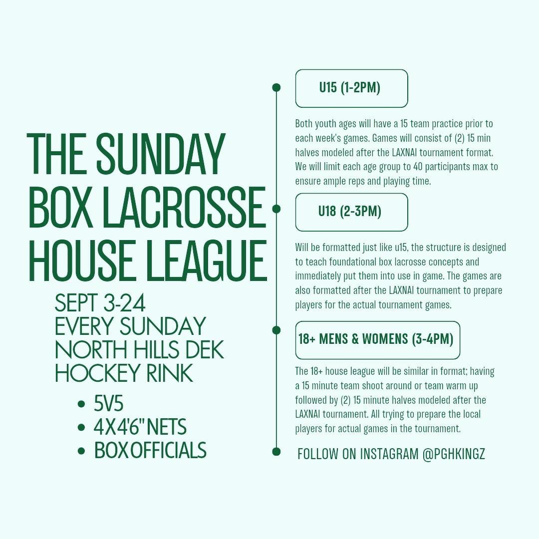 The Pittsburgh Kingz are continuing their campaign in growing the box game. Here is more information on the immersion camp and the Sunday house league. 

Questions please contact <a href="/CoachDykla/">Coach Dykla</a> or <a href="/PghKingz/">Pittsburgh Kingz Box Lacrosse</a>.