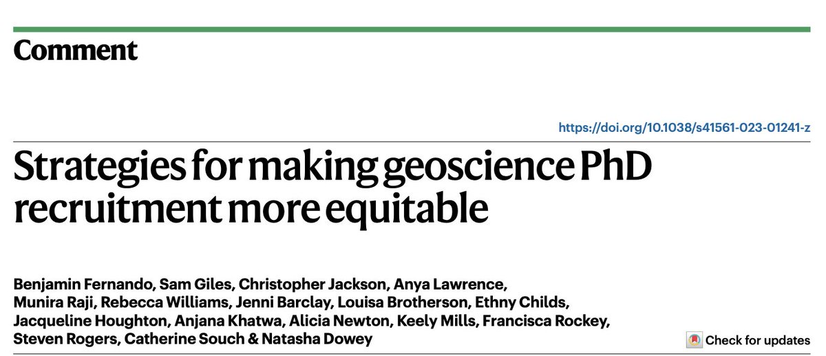 📢New paper alert!! We analysed PhD recruitment processes in the geosciences, and developed recommendations for making the process more equitable. Now out in @NatureGeosci: doi.org/10.1038/s41561… (1/3)🔨🌋☁️