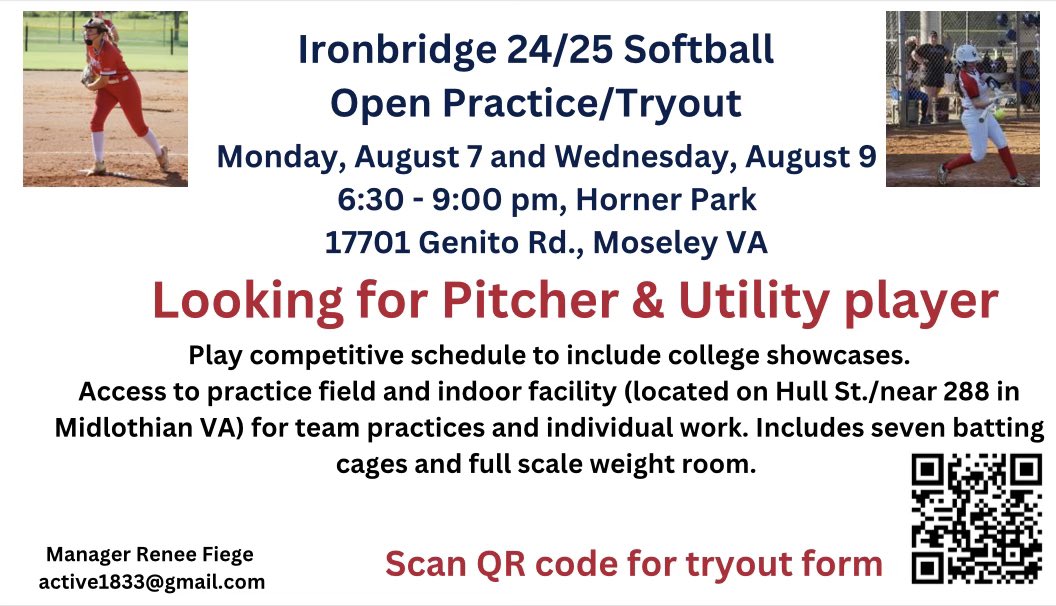 New tryout sessions for our @ironbridgesoftball2425 

Check the flyer for more info!

#softball #softballdrills #softballgirls #softballlife #softballseason #softballplayer #softballcoach #softballready #softballrva #ironbridgesoftball #physicaltherapy #prosoftball #softballers