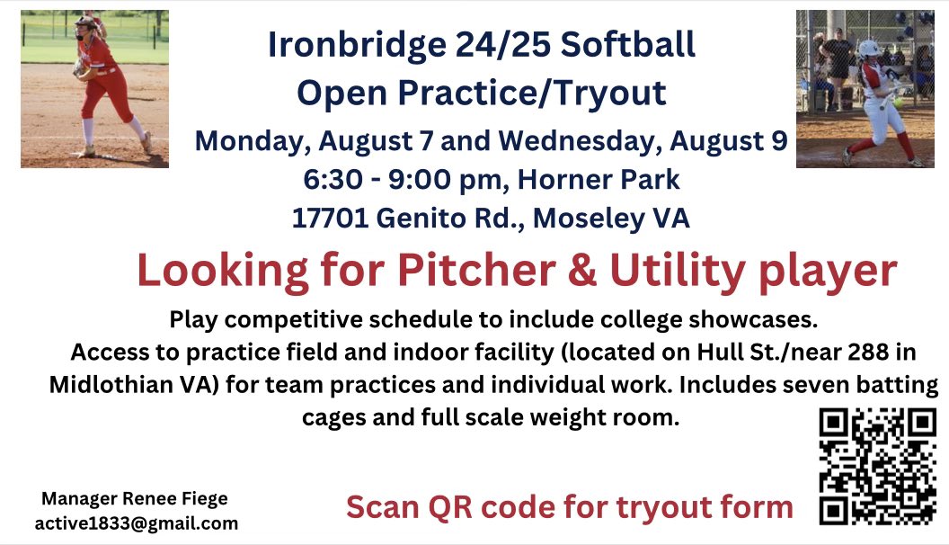 New tryout sessions for our @ironbridgesoftball2425 Check the flyer for more info! #softball #softballdrills #softballgirls #softballlife #softballseason #softballplayer #softballcoach #softballready #softballrva #ironbridgesoftball #physicaltherapy #prosoftball #softballers