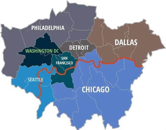 amazingmap's tweet photo. The population of London compared to US cities https://t.co/7PbFH2VPTR
