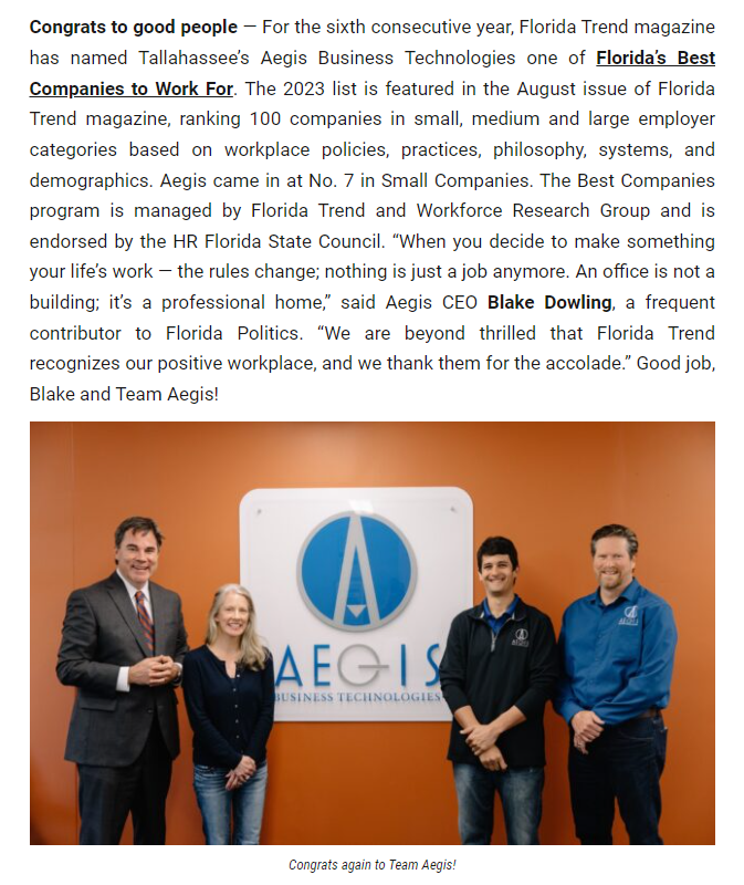 Thank you @Fla_Pol for the kind shout out this morning in Sunburn. We appreciate you @PeterSchorschFL and @PhilAmmann - #Top100 #BestWorkplaces @FloridaTrend #TeamFlorida #Flapol