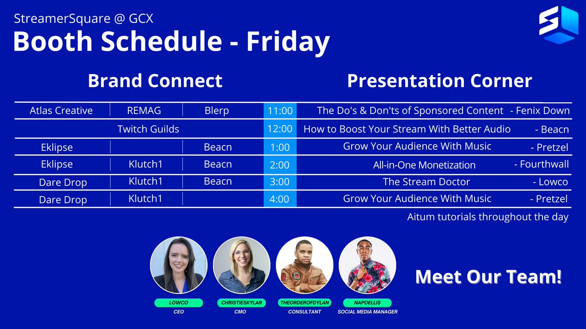 Here's the schedule for the first day of GCX

Come join us at our booth, and if you take any pictures, make sure to tag us