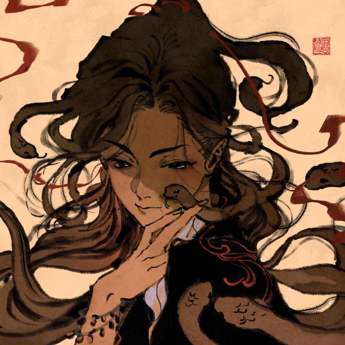 flute red eyes floating hair solo long hair instrument black hair  illustration images