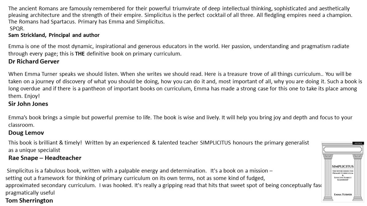 Emma_Turner75's tweet photo. Here's what a few familiar folk said about Simplicitus. Get your copy here. A complete guide to subject leadership, curriculum design, review and evaluation. 
https://t.co/7VqMHmNbdW https://t.co/btJtBj19bt
