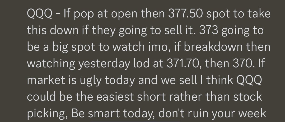 Not done yet $QQQ

Focus list in pre market was perfection…

“If pop at the open then 377.50 spot to take this down if they are going to sell it. If market is ugly today I think QQQ could be easiest short rather than being a stock picker”

377.47 high of day $QQQ

Preparation,