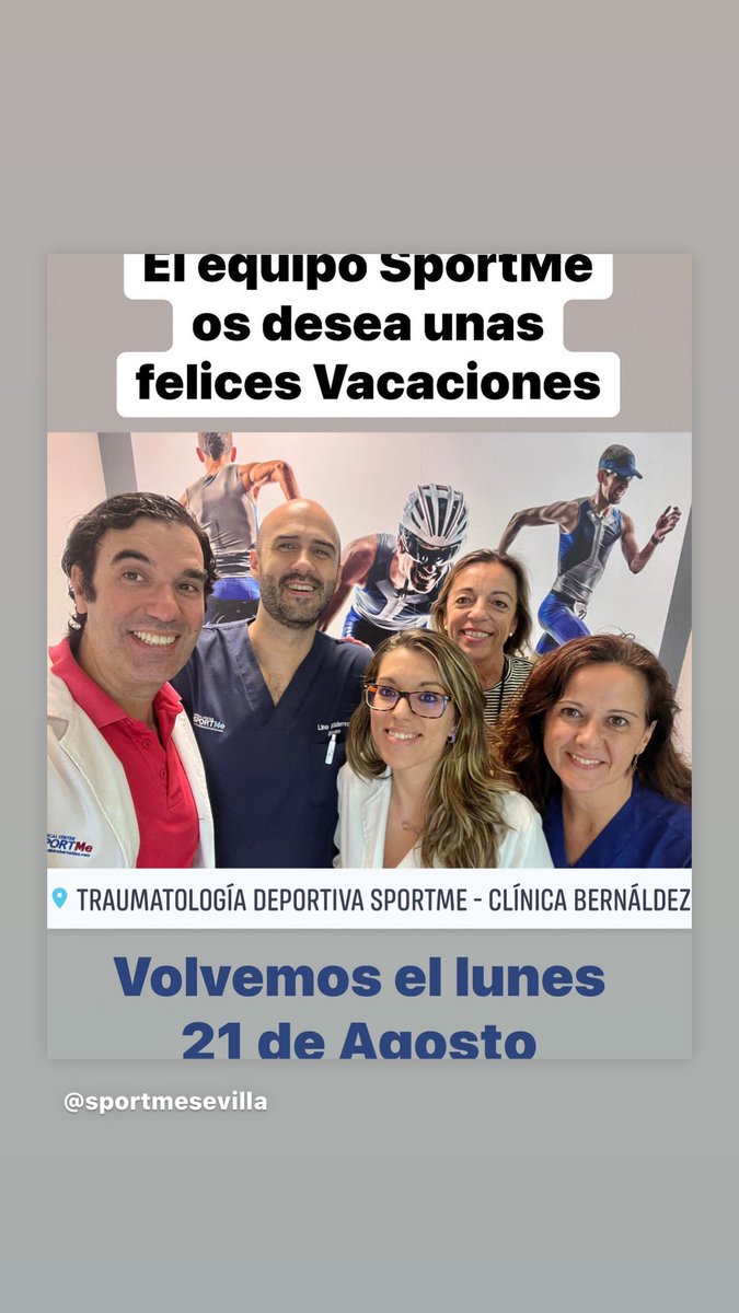 Cerramos las próximas dos semanas por vacaciones y volveremos el lunes 21 de agosto, con la misma ilusión y las pilas recargadas. <a href="/SportMeSevilla/">Traumatología Deportiva SPORTMe @DrBernaldez</a>