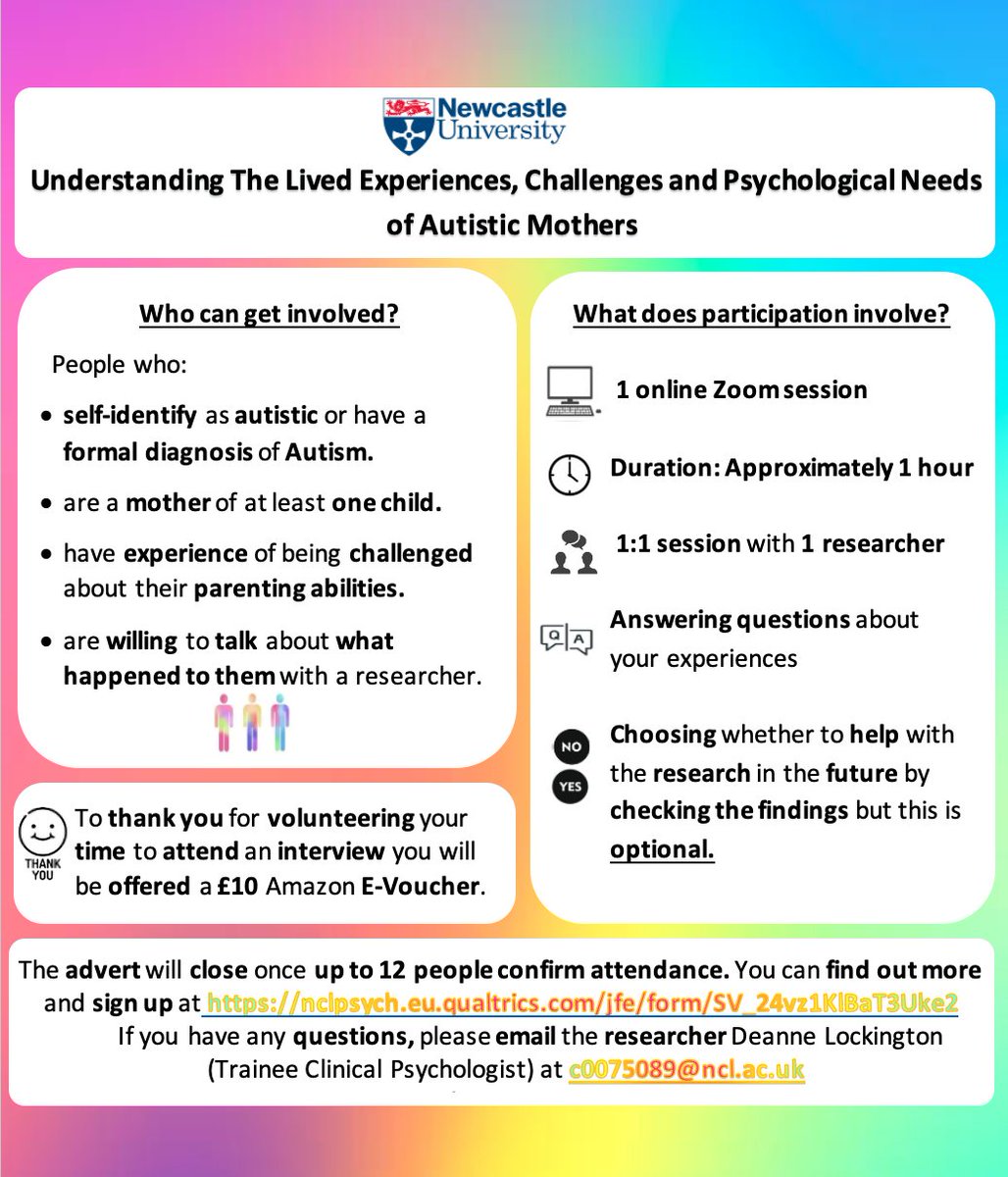 Are you an autistic mother who has experience of their parenting being questioned/challenged? Please consider taking part in this important project. Link to find out more: nclpsych.eu.qualtrics.com/jfe/form/SV_24… @MissRub46071882 @FiiResearch @SpcialNdsJungle @PFAN_UK @Andy_Bilson @DrJudes03