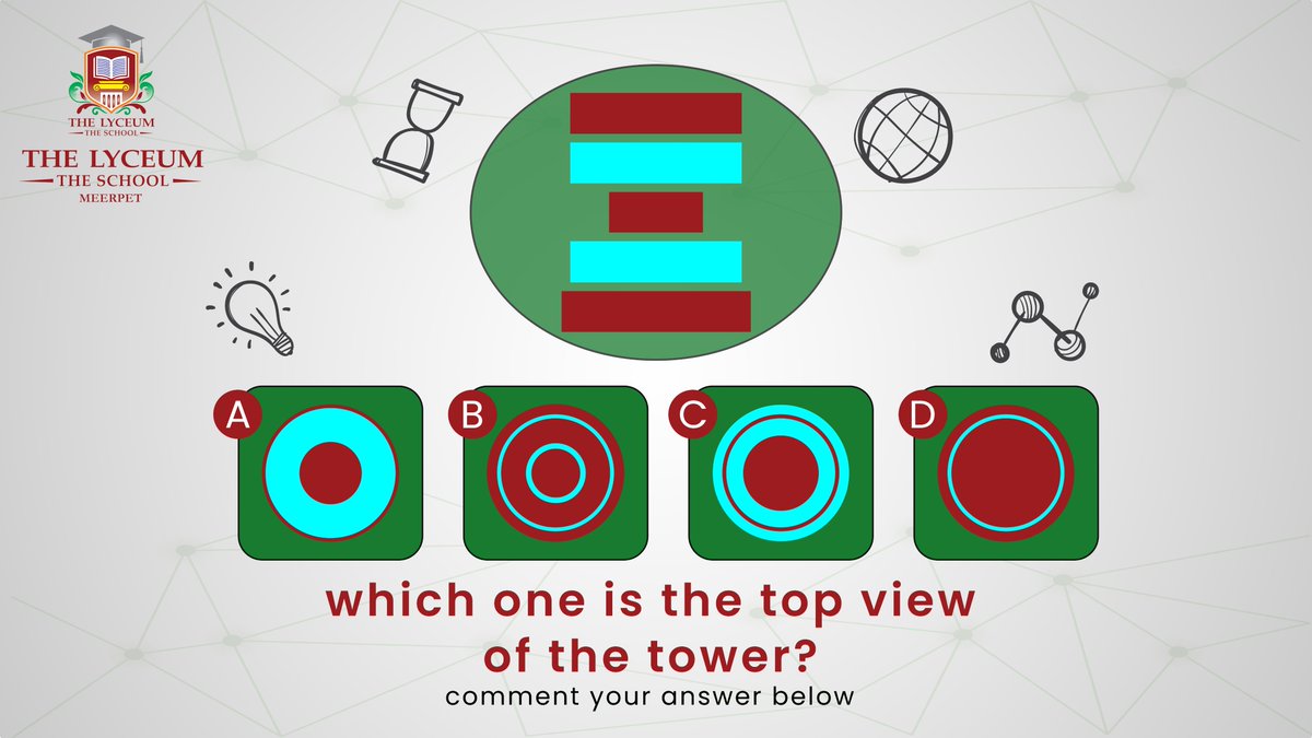 which one is the top view of the tower?
comment your answer below
.
.
.
.

.
#thelyceum #TheLyceumSchool #thelyceumcbse23
.
.
#thepuzzle #challege #challenge #logicpuzzle #logicpuzzles #logicpuzzlegame #challengeyourself #challengeyourmind #challengeyourself #puzzleoftheday