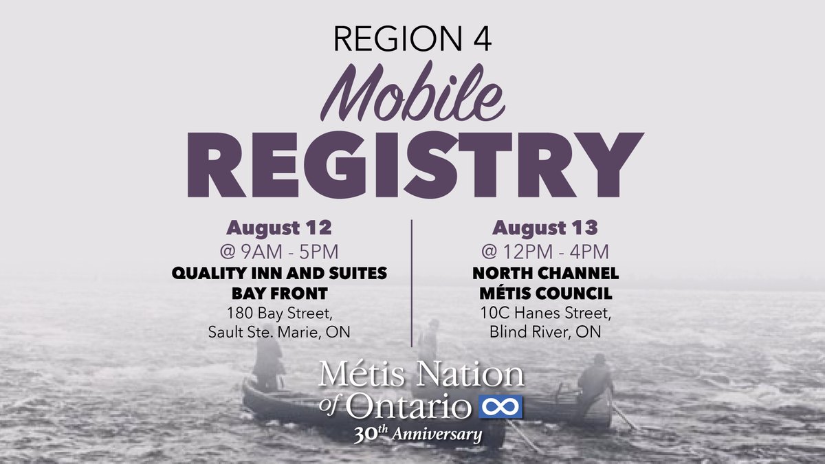 MetisNationON's tweet photo. #MNO Registry staff will be in Region 4 (Sault Ste. Marie &amp; Blind River) to assist with citizenship and/or harvesting applications as well as file and address updates. Walk-ins welcome! For the application forms visit: https://t.co/6fDzX82AC3 Questions: 1-855-798-1006 https://t.co/NcNpLNf32j
