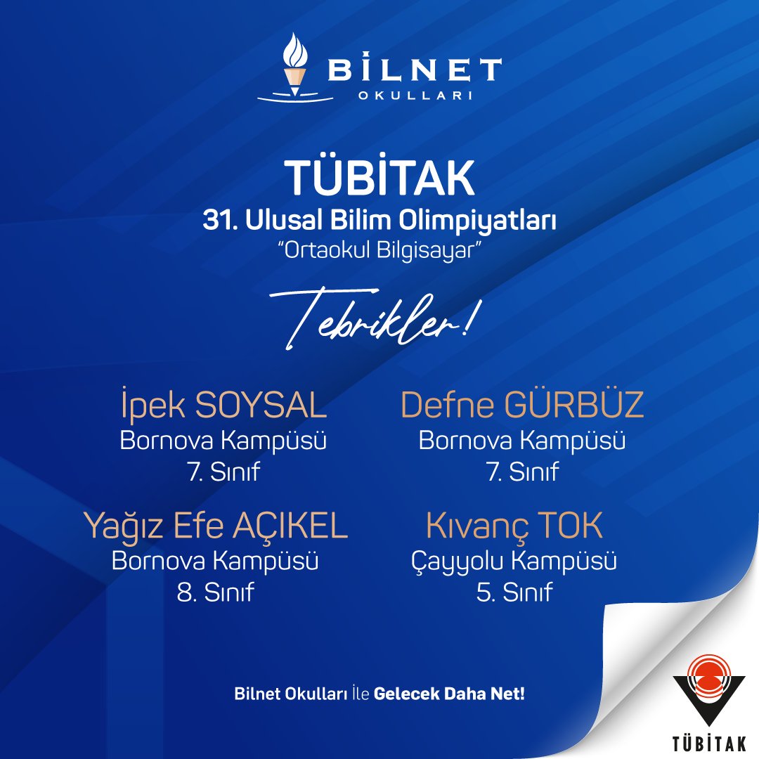 31. Tübitak Bilim Olimpiyatları Ortaokul Bilgisayar alanında dereceye girerek 2. aşamaya geçmeye hak kazanan öğrencilerimizi ve emeği geçen tüm öğretmenlerimizi kutlarız. <a href="/Tubitak/">TÜBİTAK</a> 

#BilnetOkulları #Tübitak #BilimOlimpiyatları #Bilgisayar