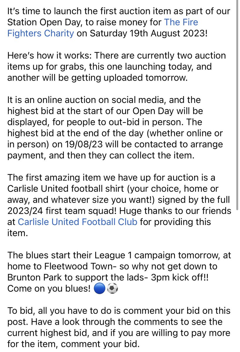 CarlisleEast's tweet photo. Our first amazing auction item is now live for bidding! See attached photos for details on how to bid. Huge thanks to our friends at @officialcufc for providing us with this item! https://t.co/QXI0nb7OFY