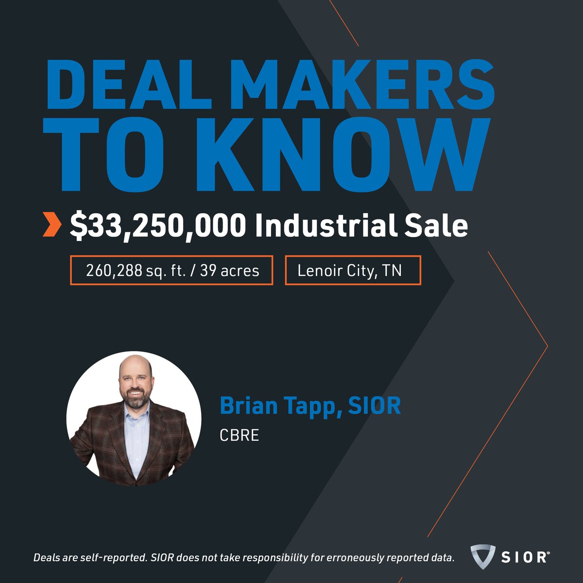 SIORglobal's tweet image. Another stellar deal to close out this week! Great job to @brianhtapp, SIOR, for closing out $33M of #industrial space in Tenessee. Congrats! #SIOR #CRE #dealmakers 

Submit your deals at hubs.ly/Q01ZS4p90