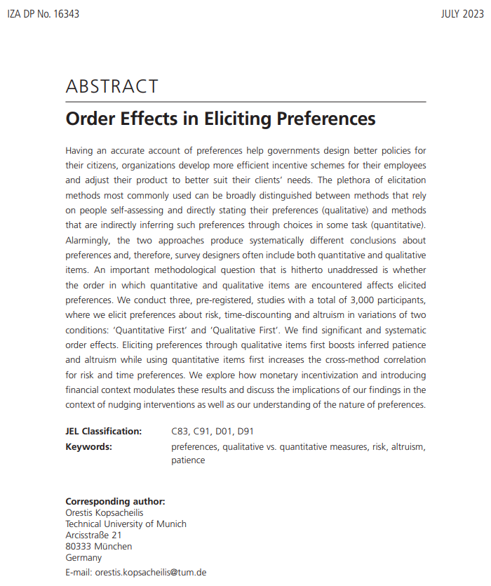 Orestis_Kps's tweet photo. 🚨New working paper 🚨

Q. Should we (#experimentalists, #econtwitter) be aware of order effects when eliciting preferences?
A. Yes! 
Read more about their nature, how to mitigate or even harness them here:
https://t.co/SshLgwlhNA (together w. @SebastianJGoerg )
Or thread 👇
1/n https://t.co/QMDwpb5Ux2