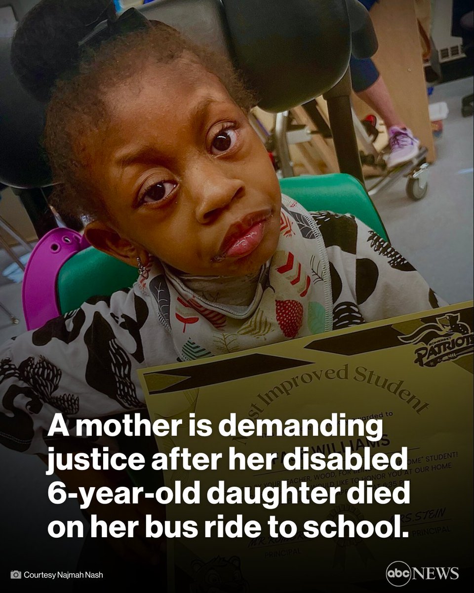 ABC's tweet photo. 6-year-old Fajr Atiya Williams died on her bus ride to school in New Jersey when bumps in the road caused her to slump in her wheelchair, making the harness that secured her to the chair become tight around her neck and block her airways. https://t.co/VbKOxrGo16 https://t.co/FU4STmqIjU