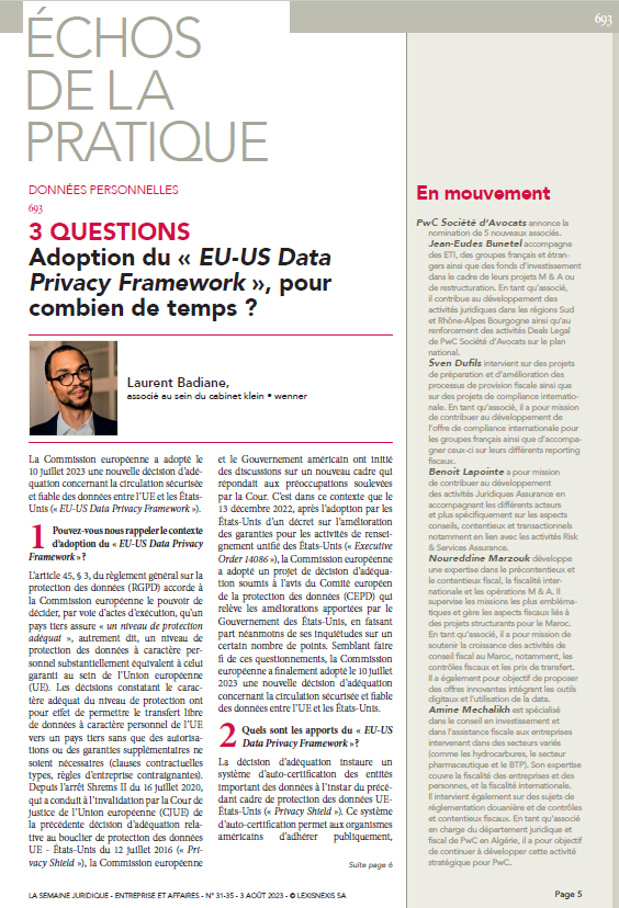 #DonnéesPersonnelles - Adoption du « EU-US Data Privacy Framework », pour combien de temps ? #3Questions par Laurent Badiane in #JCPE n° 31-35 - <a href="/klein_wenner/">klein • wenner</a>