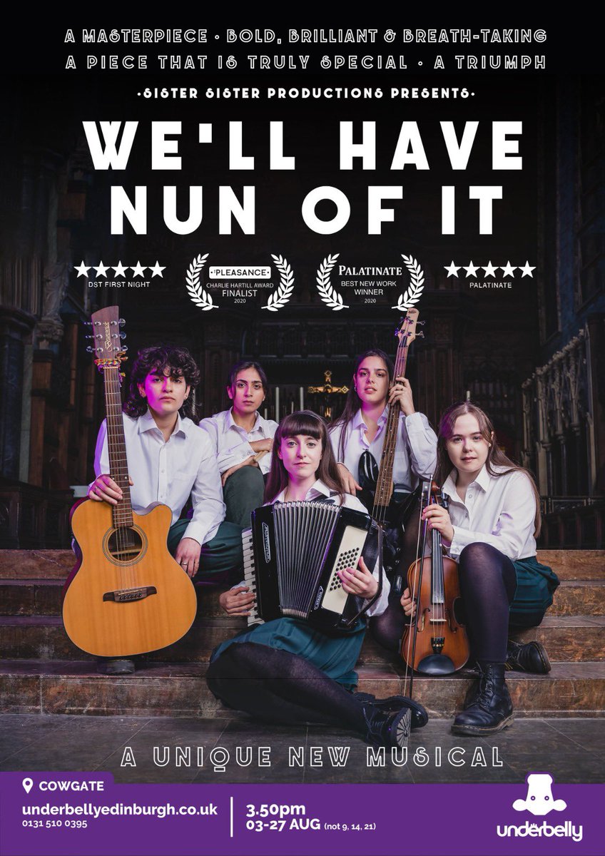 HELLO FRINGE TWITTER✨🎸🎹🎶

We are ‘Well Have Nun Of It’, a brand new actor-muso show featured on BBC Radio 2 and recommended by Playbill. Set in the 1960s, it tells a story of migration, sisterhood and queerness in convent life through folk, soul and pop! 

#TweetTheMedia