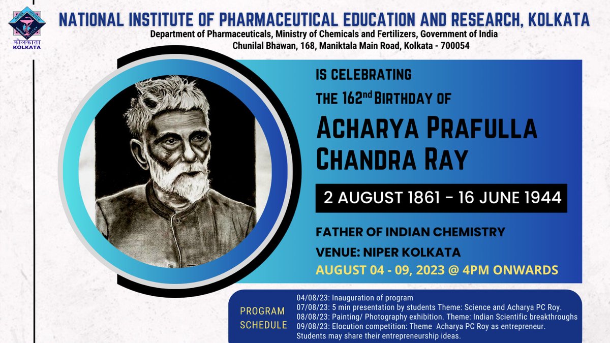 NIPER_Kolkata's tweet photo. #NIPERKOLKATA
#FatherofIndianChemistry
@NIPER_Kolkata is #Celebrating the #162nd #Birthday of #Acharya #Prafulla #Chandra #Ray
@pharmadept @mansukhmandviya @bhagwantkhuba @rajneeshtingal https://t.co/BaqMhTcL9y