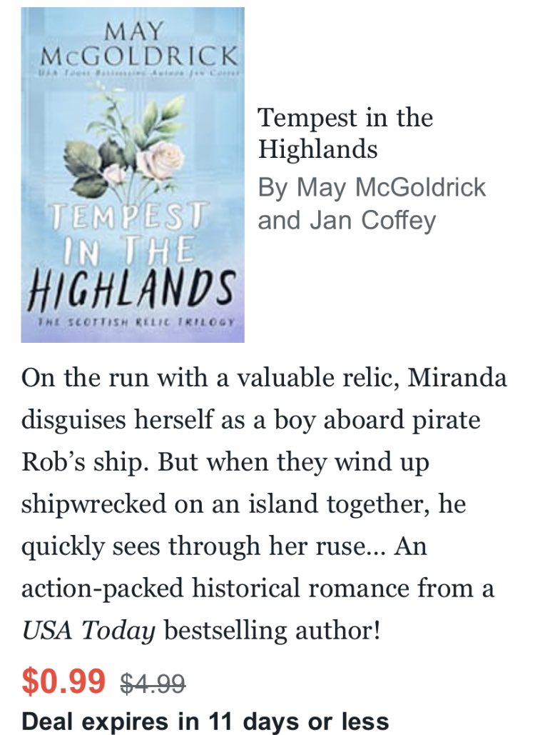 JanCoffey's tweet photo. First time ever at #99cents discount #bargain. Get it now. 
TEMPEST IN THE HIGHLANDS. 

https://t.co/SyYRoNnJNc…

 #ebook #deal #booklovers #romance #RomanceReaders #booklover 
#historicalromance 
#paranormal 
#IARTG 
#BookBub
#Scottish 
#Highlands 
#ShamelessSelfpromoFriday https://t.co/CUs7bharFp