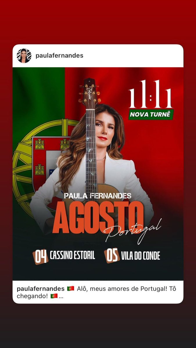 TeusEncantosPF's tweet photo. E agenda de shows da cantora em Portugal, será assim, começando por hoje, no Casino Estoril!! 🥰💃🎤🇵🇹 #turneonzeonze #paulafernandes #portugal #tourinternacional  #ingressosesgotados https://t.co/AHpUOWv3LM