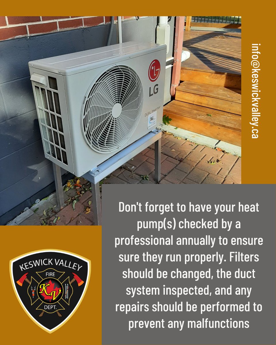 Don't forget to have your #heatpump(s) checked by a professional each fall to make sure they run properly in the upcoming cold season. Filters should be changed, the duct system inspected and any repairs should be performed to prevent any malfunctions.
#SafetyTips #FireSafety