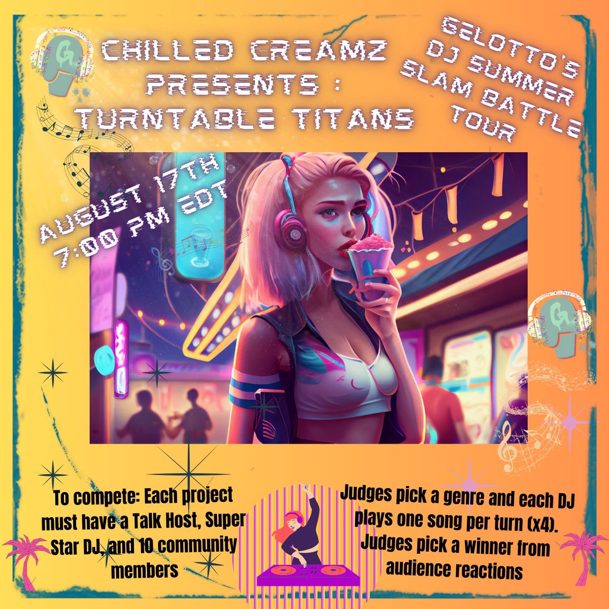 Gelotto2's tweet photo. Attention all beat blenders and rhythm riders! 

The Turntable Titans DJ Battle is about to go off! 

Our champion is ready, but the decks are open for a new legend. 

Got the vibe to make the crowd jive? Apply👇 https://t.co/QmeyDP2nmq https://t.co/hYzcxkkQBA