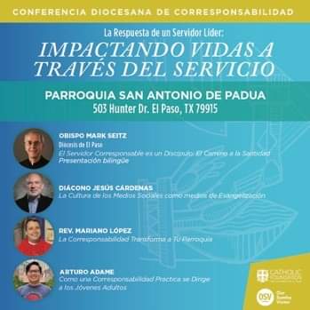 foundationelp's tweet photo. Conferencia Impactando Vidas a Través del Servicio, Parroquia San Antonio de Padua, Sábado 12 de Agosto, ven y acompáñanos. 

Para registración, contacte a Karina Sandoval en ksandoval@catholicfoundationelpaso.org https://t.co/k71bsEICL2