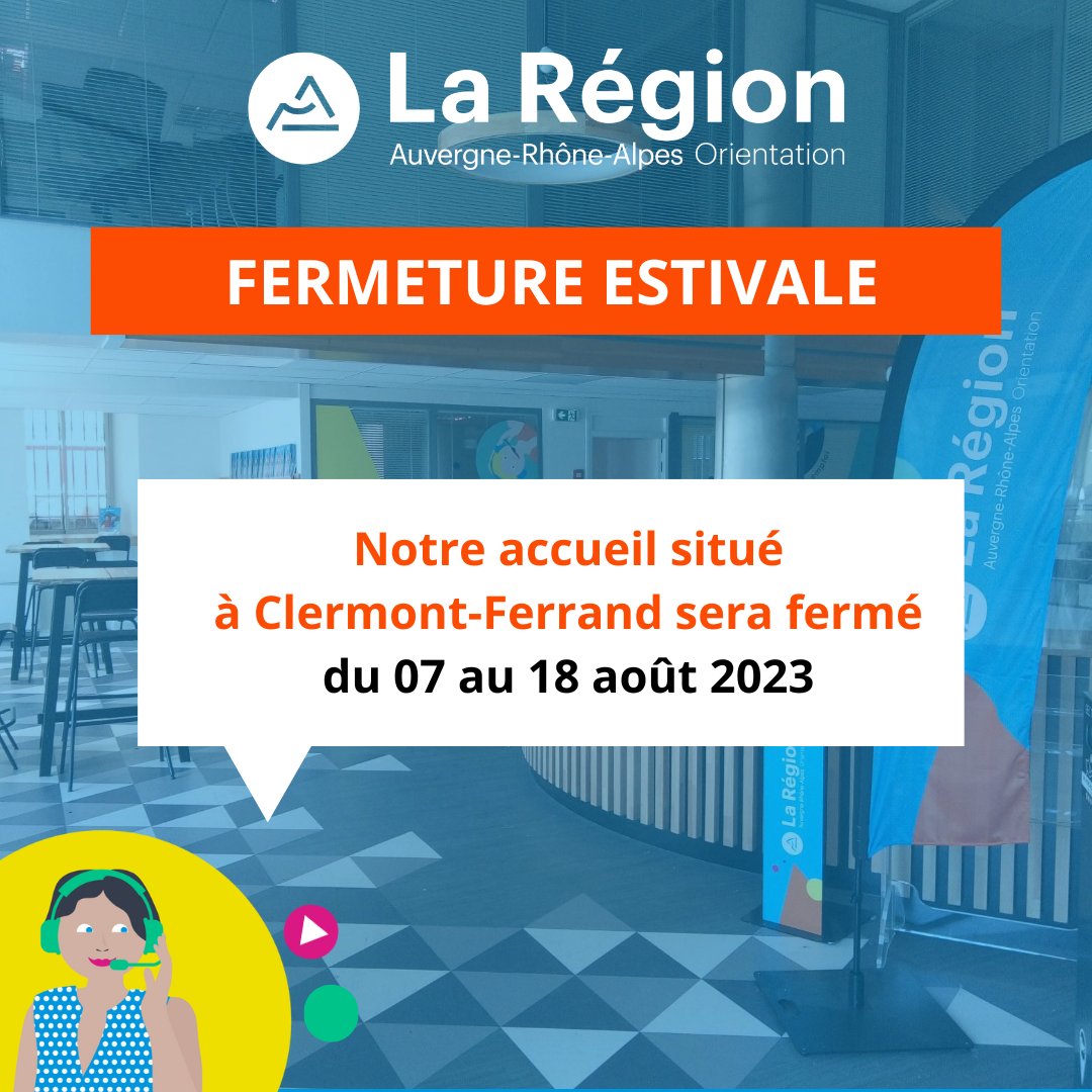 [Fermeture estivale]☀️

Nos locaux, situés 6 place de Jaude à <a href="/ClermontFd/">Clermont-Ferrand</a>, seront fermés du 07 au 18 août.

Durant cette période, nous restons joignables :

 - 📞 04 26 46 00 70
- 📩 info@auvergnerhonealpes-orientation.fr

Bonnes vacances à tous et à très vite ! 🙂
